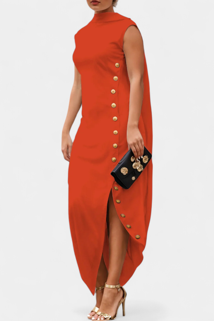 Aphrodite Asymmetrical Dress with Elegant Gold Buttons