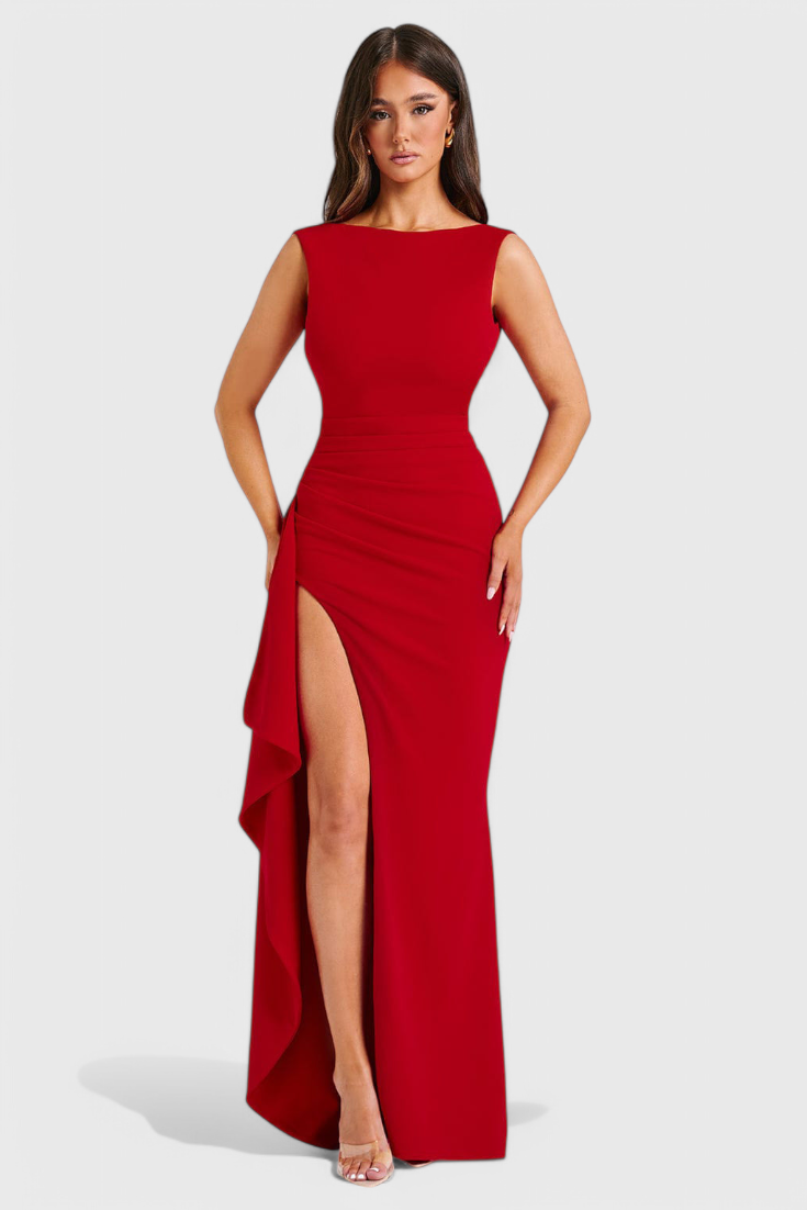 Marion Satin Dress with Open Back and Wide Side Slit