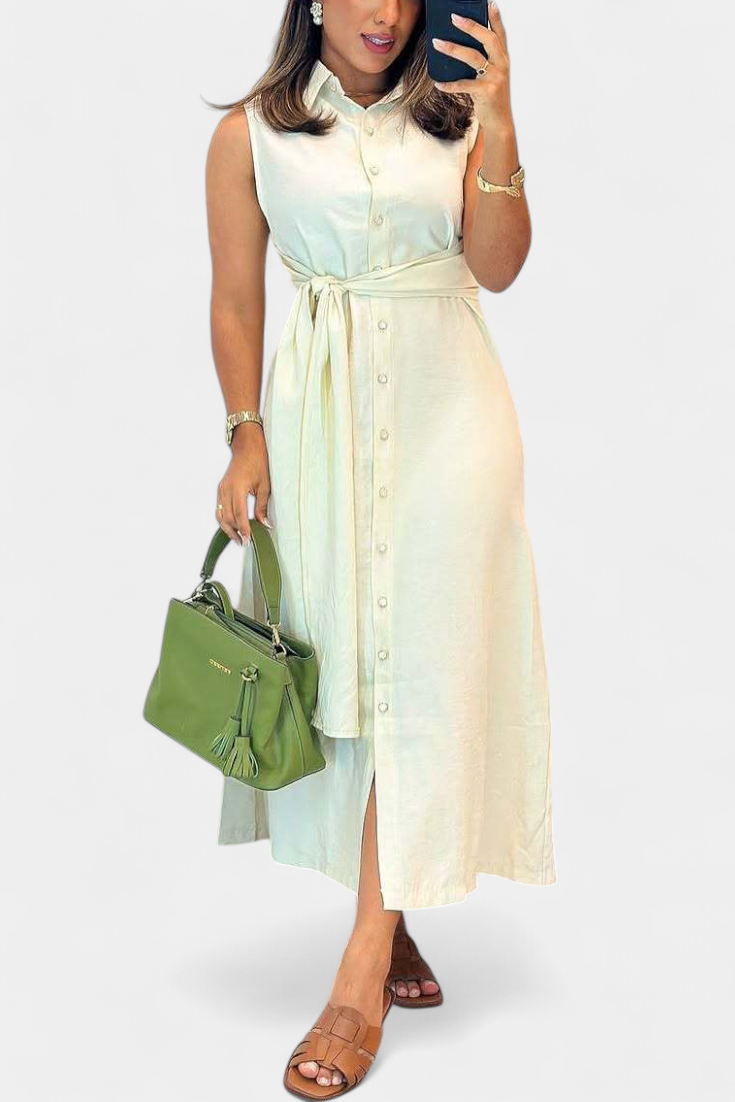 Behnaz Elegant Sleeveless Belted Shirt Collar Dress