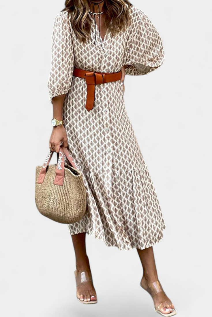 Antonia Midi Dress with Adjustable Waist and Button Details