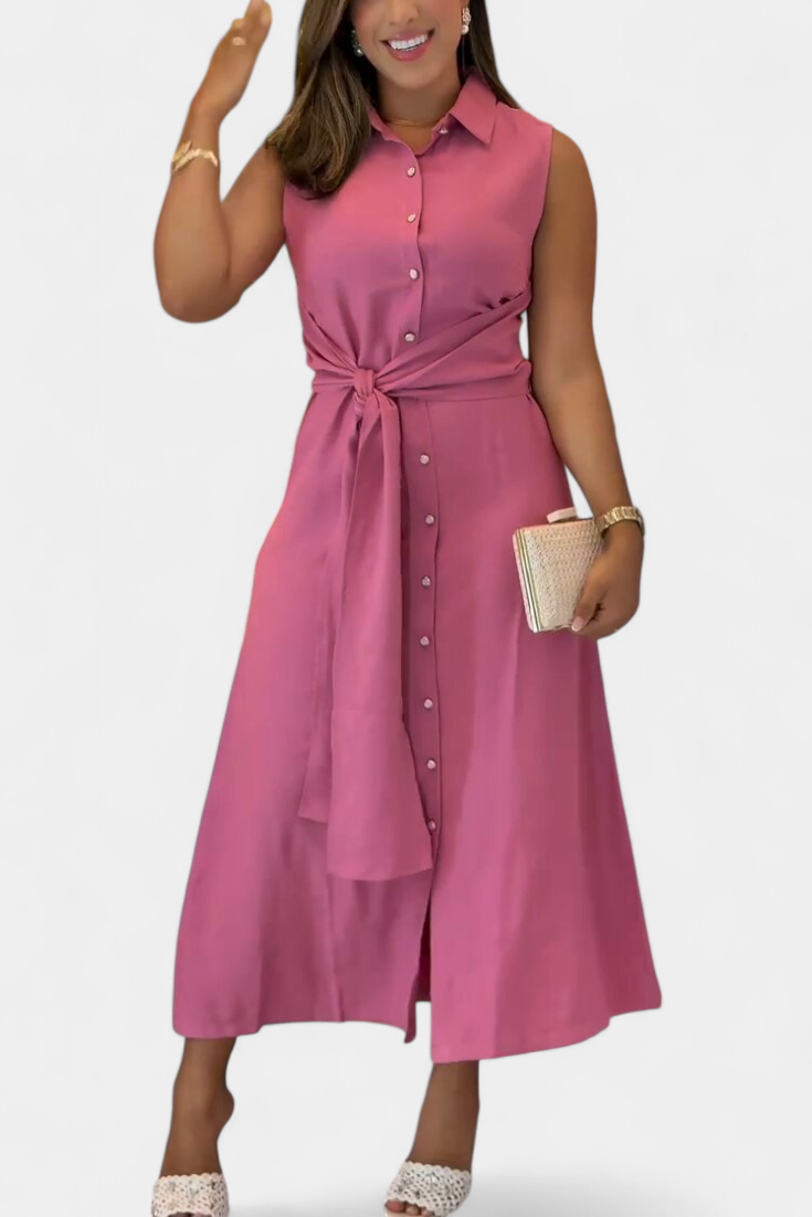 Behnaz Elegant Sleeveless Belted Shirt Collar Dress