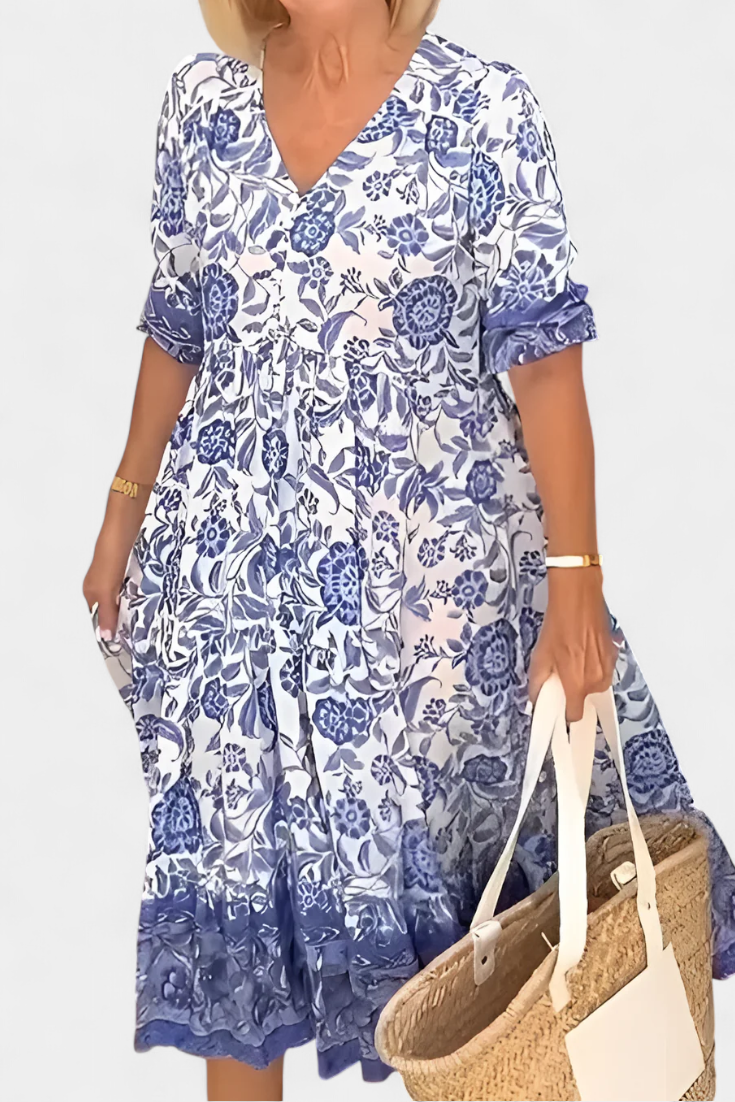 Elcira Floral Dress with Bohemian Touch and V-Neckline