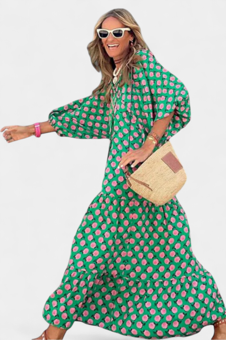 Aroa Boho Dress with Artistic Print and Flowy Cut