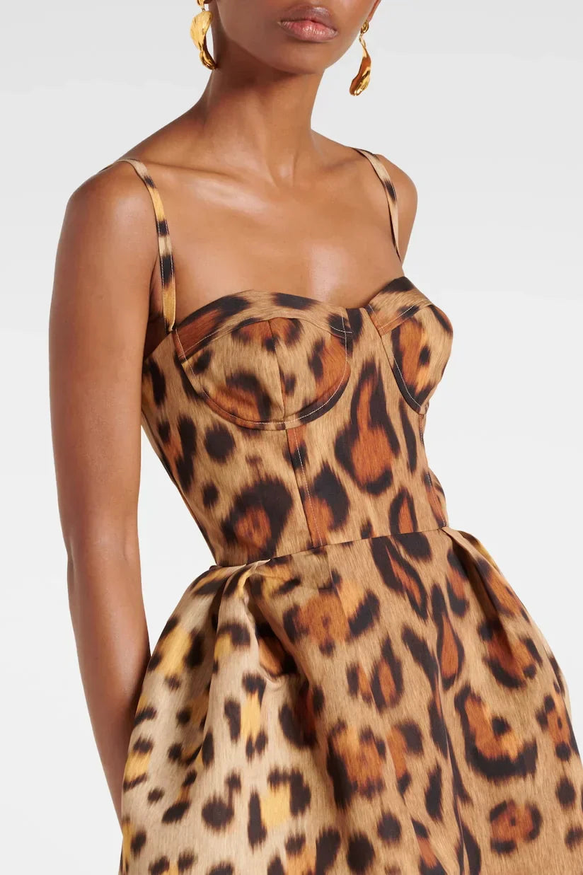 Tiana Midi Bustier Dress in Leopard Print