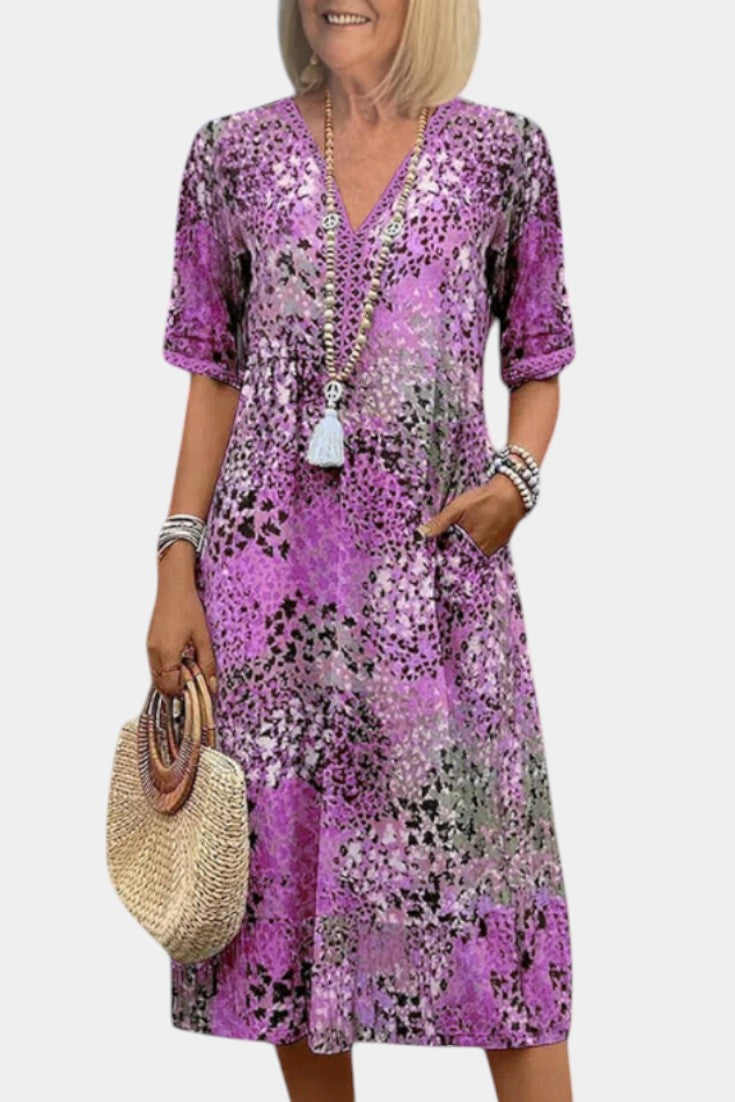 Boho Pearl Dress with Floral Print and Crochet Trim