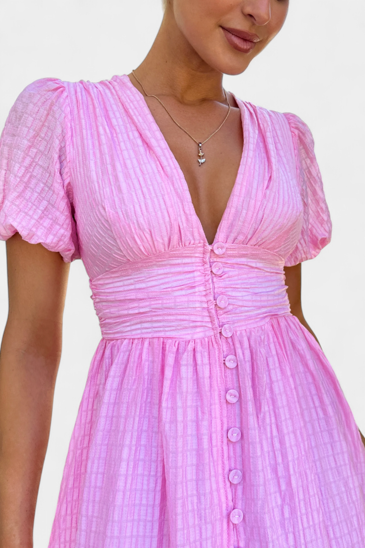 Mélia Maxi Dress with V-Neckline and Elegant Puff Sleeves