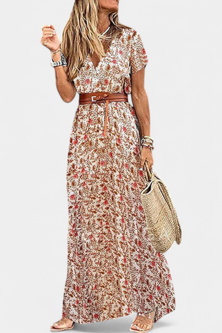 Anfisa Summer Boho Dress with Belt and V-Neckline