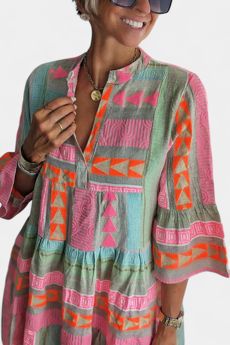 Gina Boho Dress with Embroidery and V-Neckline