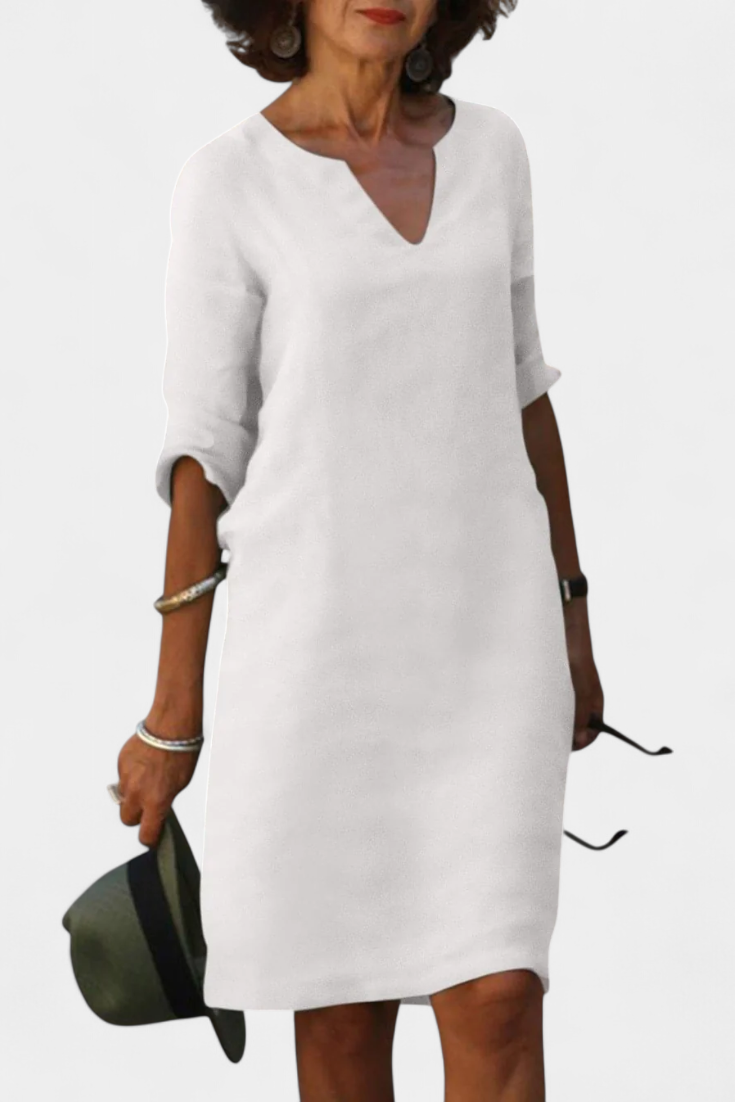 Elowen V-Neck Dress with Three-Quarter Sleeves