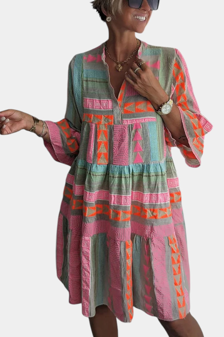 Gina Boho Dress with Embroidery and V-Neckline