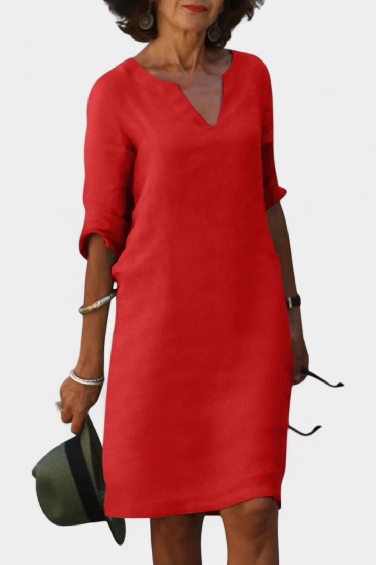 Elowen V-Neck Dress with Three-Quarter Sleeves