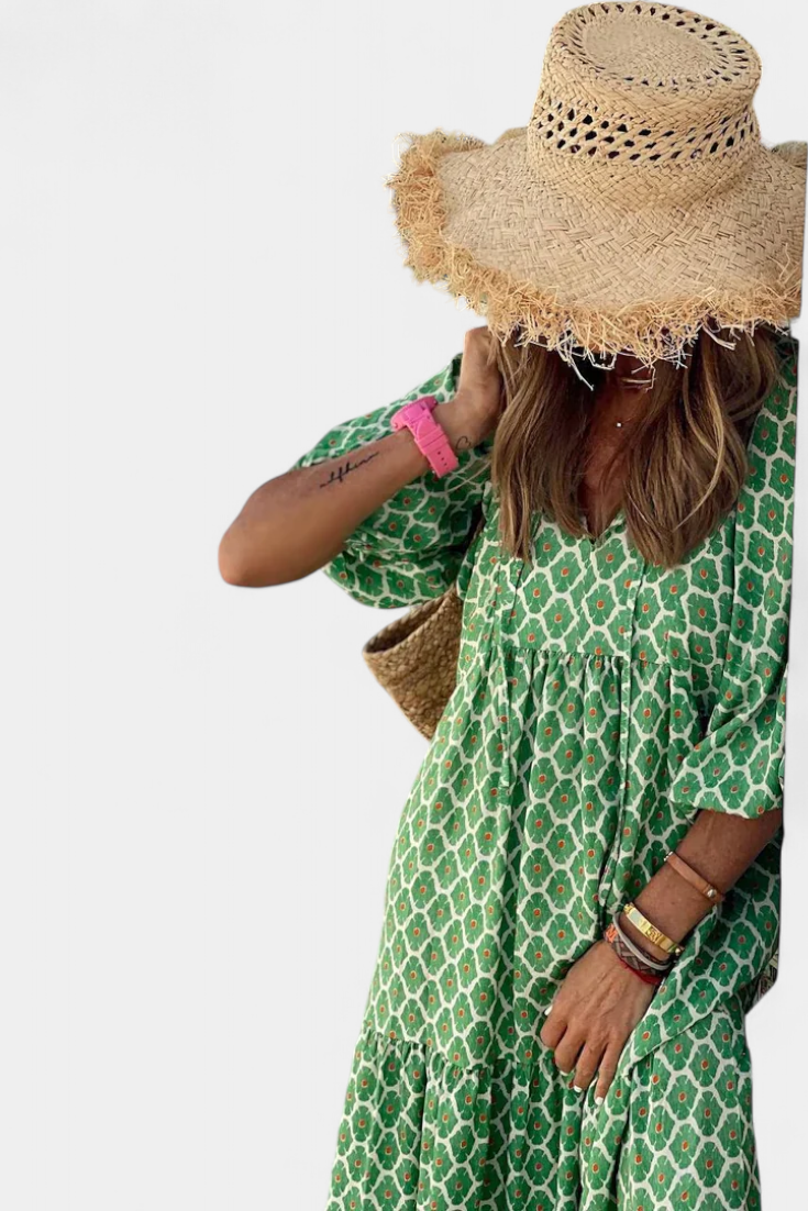Aroa Boho Dress with Artistic Print and Flowy Cut