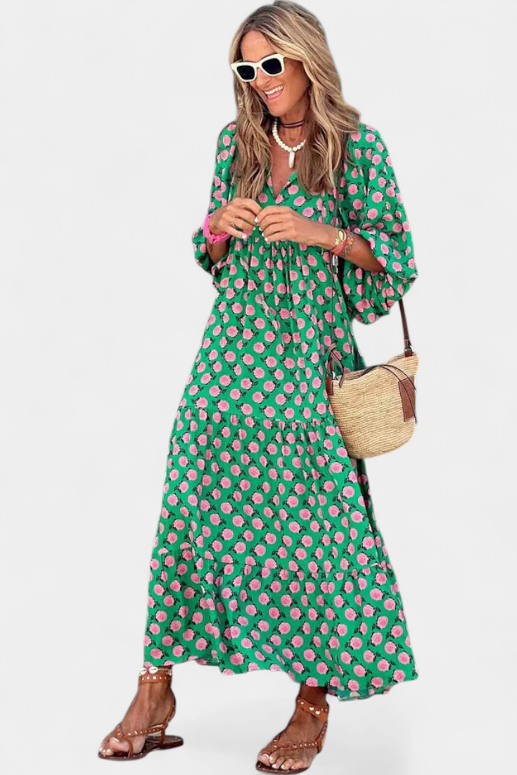 Aroa Boho Dress with Artistic Print and Flowy Cut