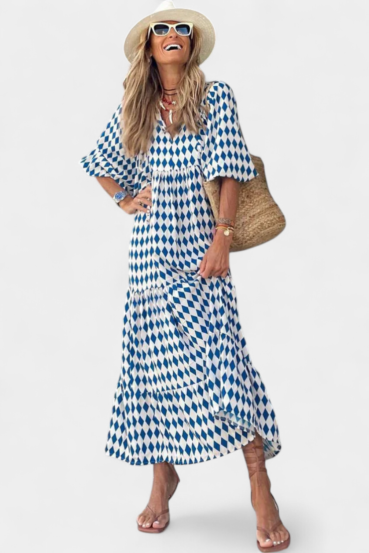 Aroa Boho Dress with Artistic Print and Flowy Cut