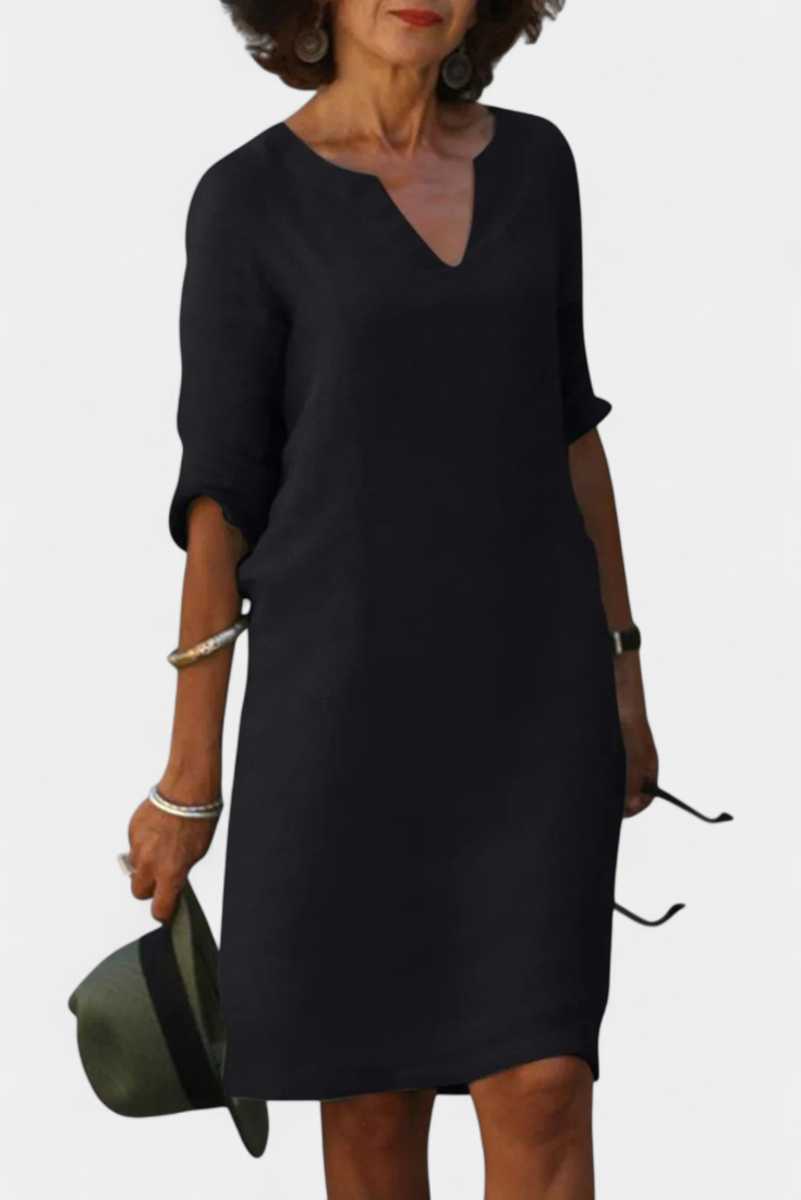 Elowen V-Neck Dress with Three-Quarter Sleeves