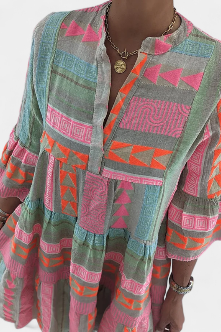 Gina Boho Dress with Embroidery and V-Neckline