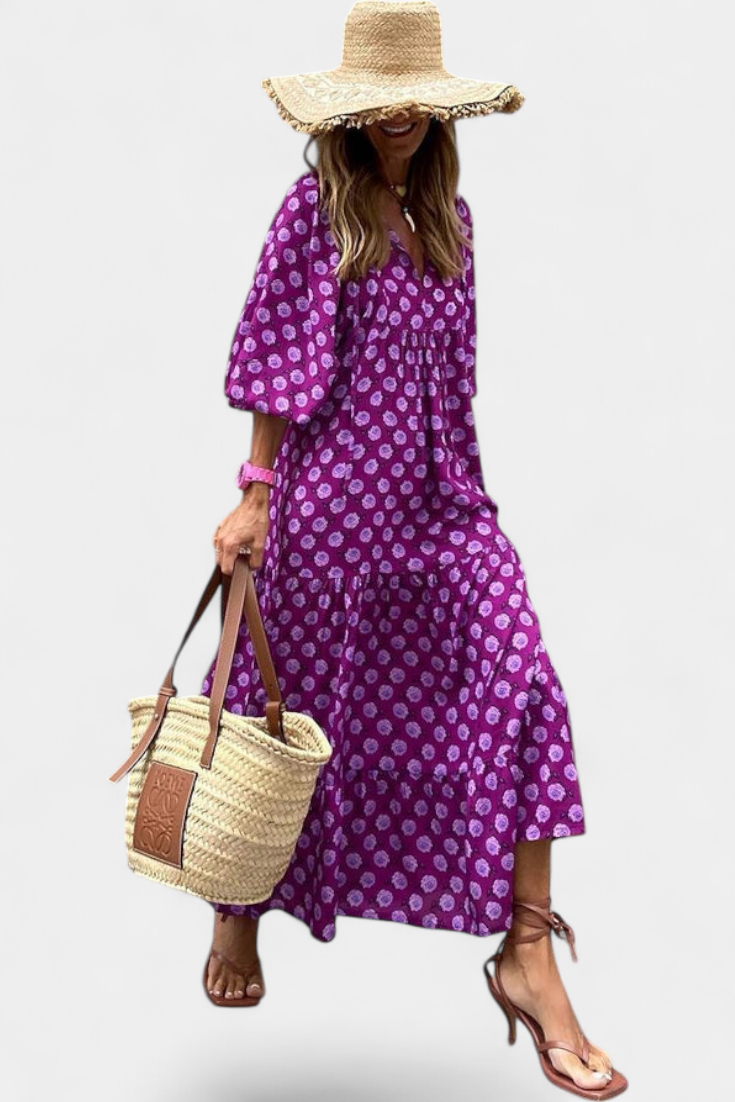 Aroa Boho Dress with Artistic Print and Flowy Cut