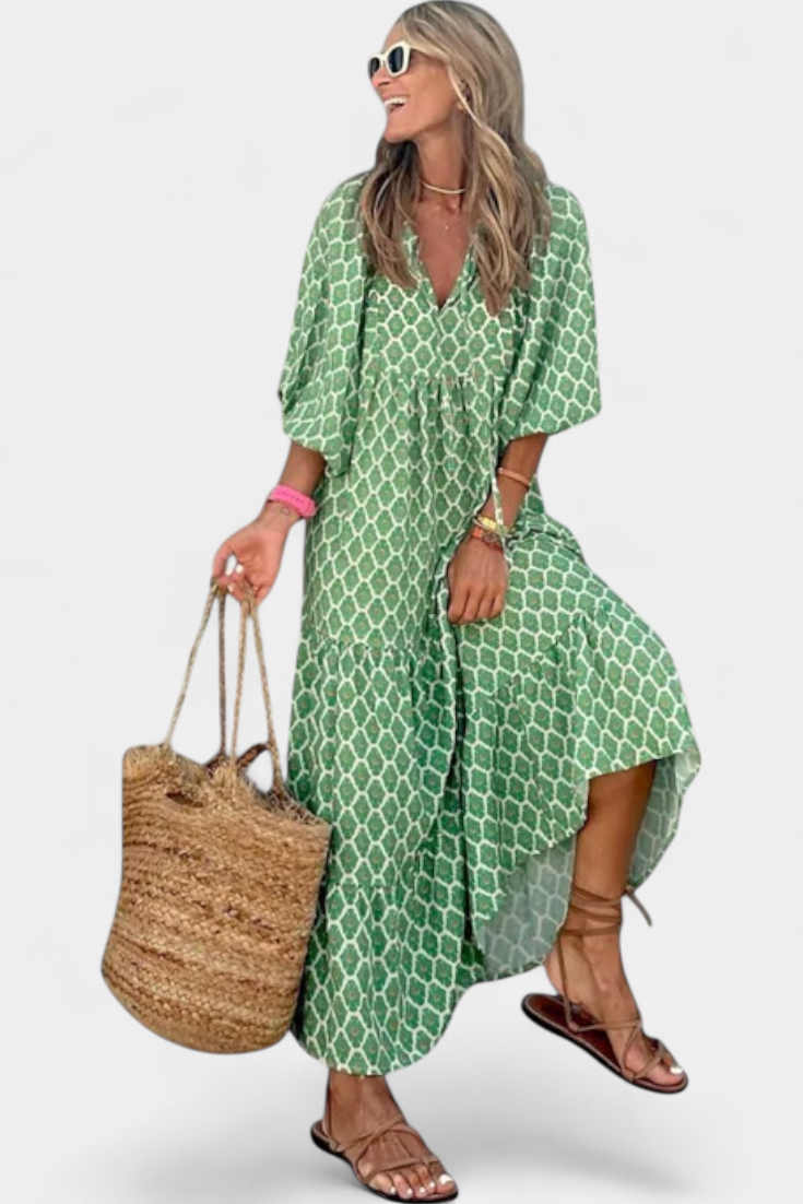 Aroa Boho Dress with Artistic Print and Flowy Cut
