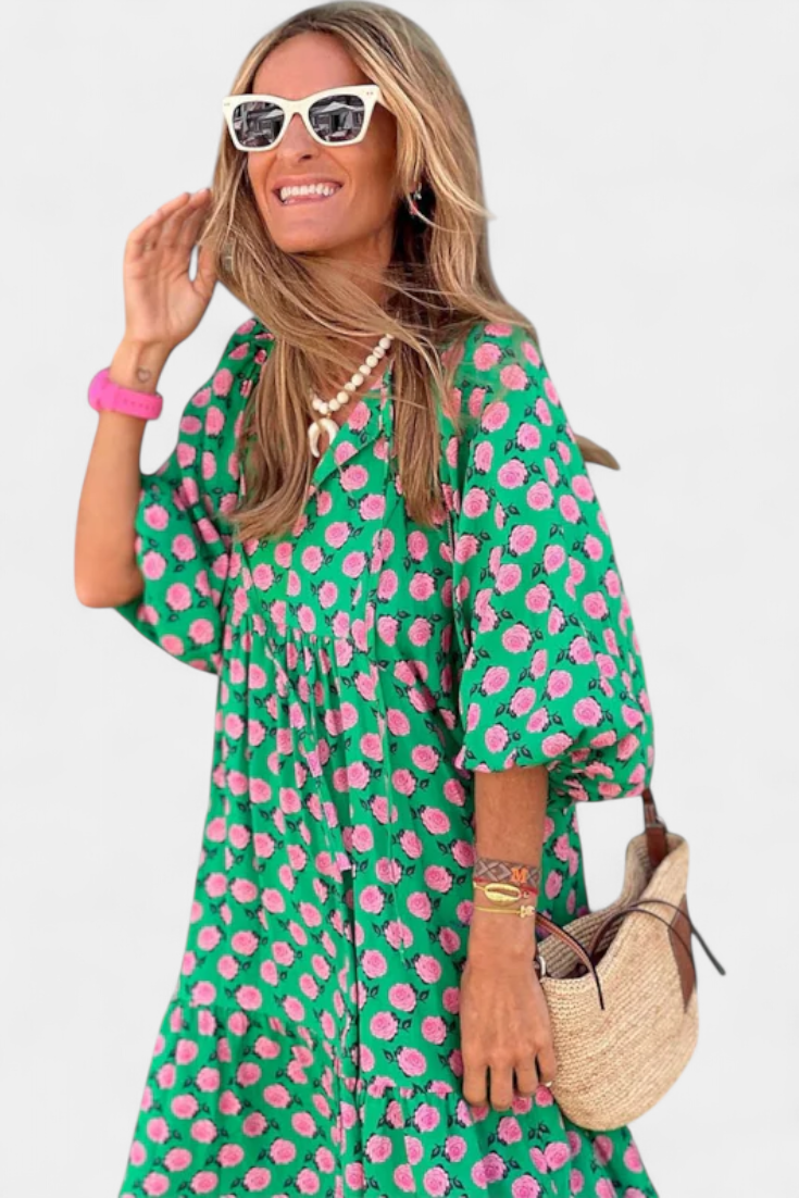 Aroa Boho Dress with Artistic Print and Flowy Cut