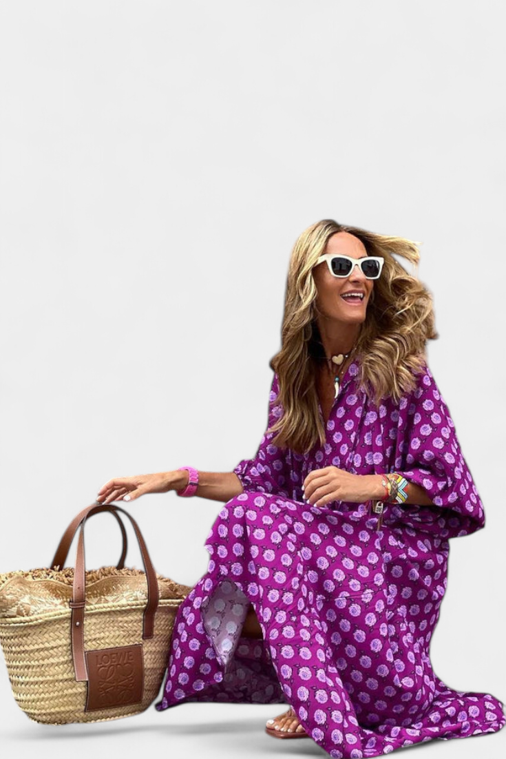 Aroa Boho Dress with Artistic Print and Flowy Cut
