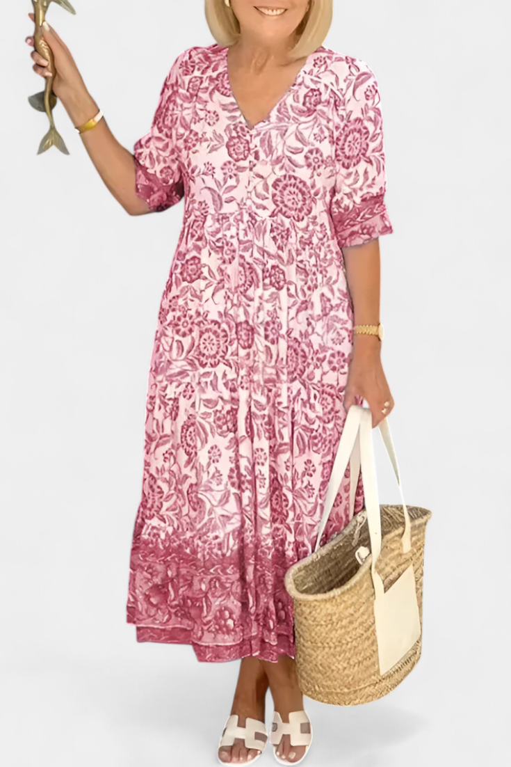 Elcira Floral Dress with Bohemian Touch and V-Neckline