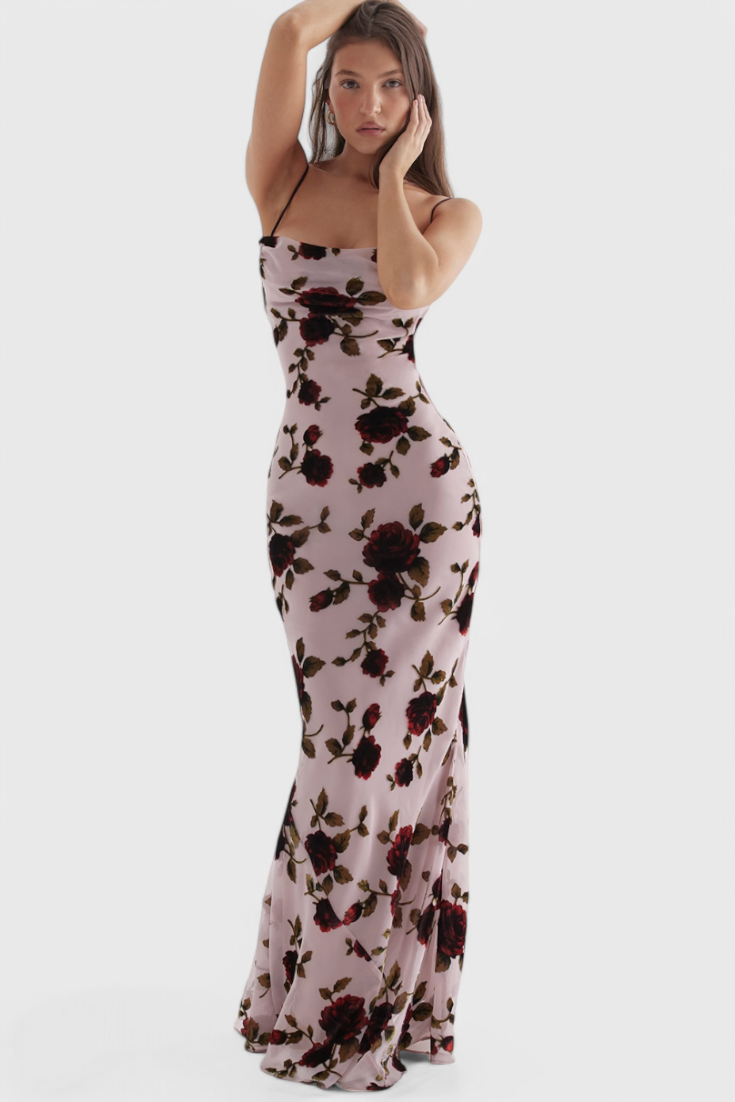 Irina Satin Dress with Floral Print and Open Back