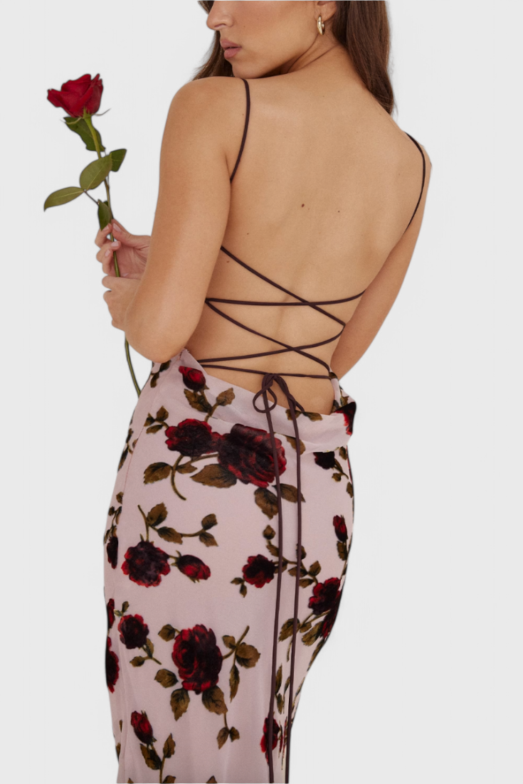 Irina Satin Dress with Floral Print and Open Back