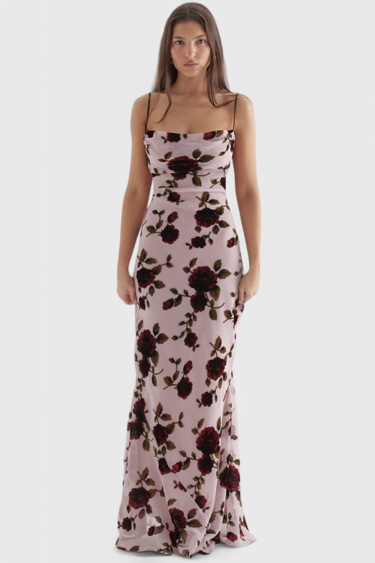 Irina Satin Dress with Floral Print and Open Back