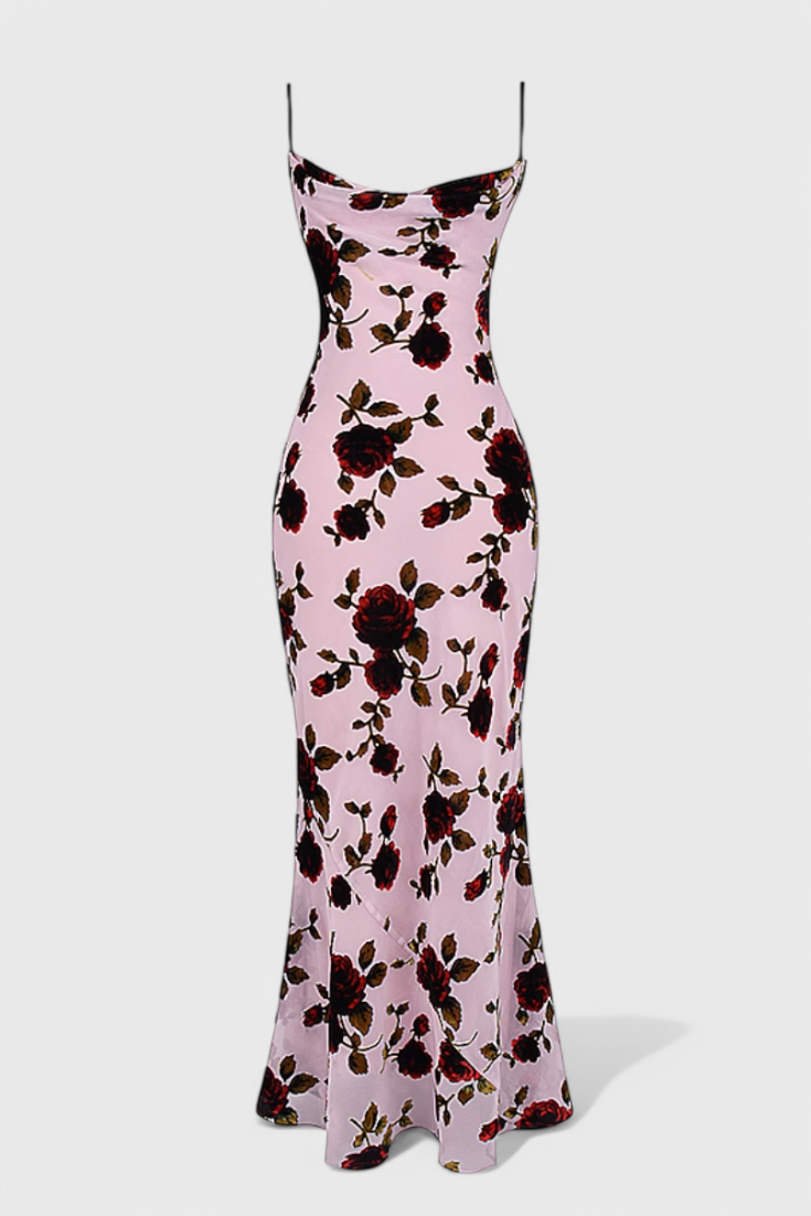 Irina Satin Dress with Floral Print and Open Back