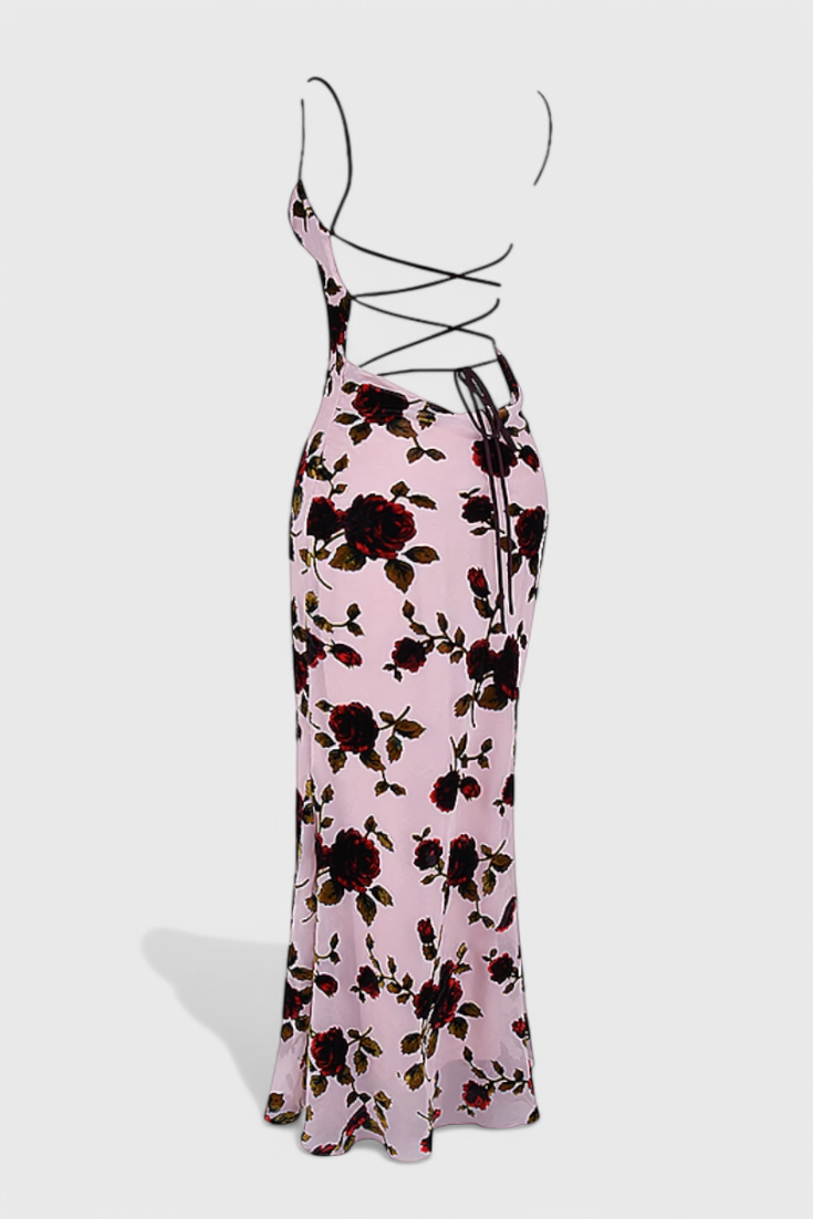Irina Satin Dress with Floral Print and Open Back