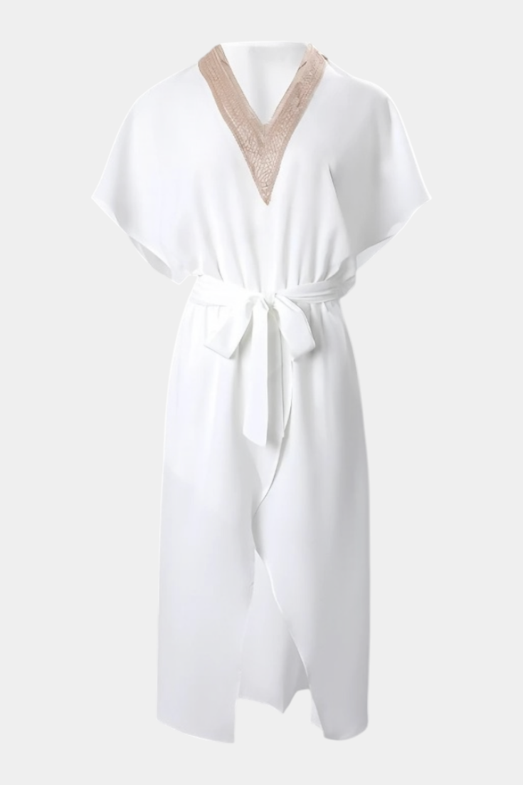 Effie White Wrap Dress with Openwork Neckline and Front Slit