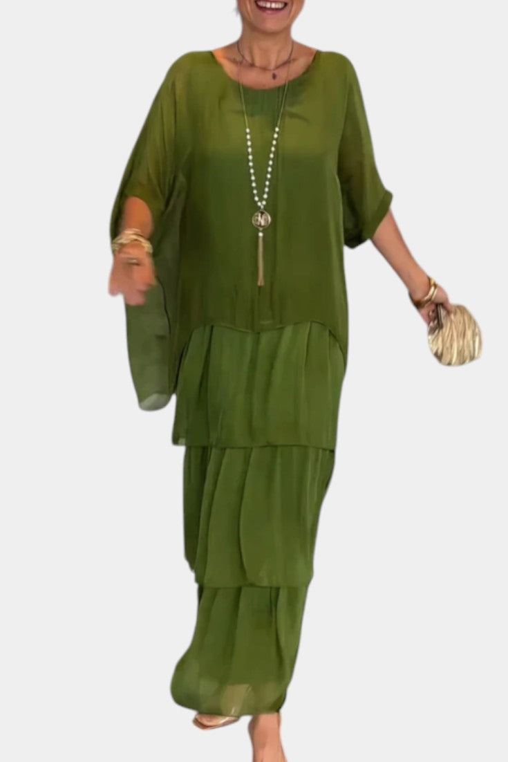 Caroline Maxi Dress with Ruffles and Batwing Sleeves