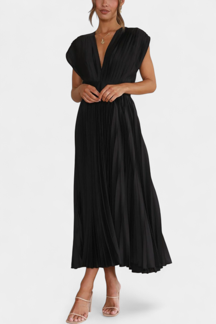 Mireia Pleated Dress with Draped Neckline and High Waist