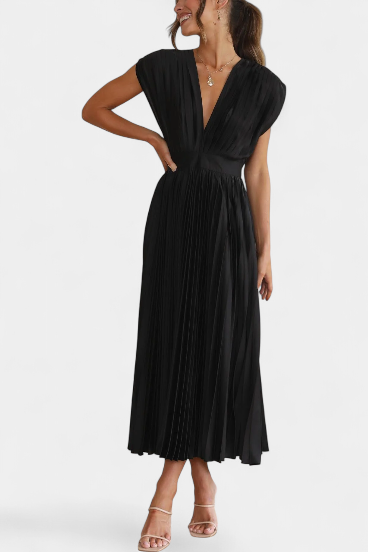 Mireia Pleated Dress with Draped Neckline and High Waist