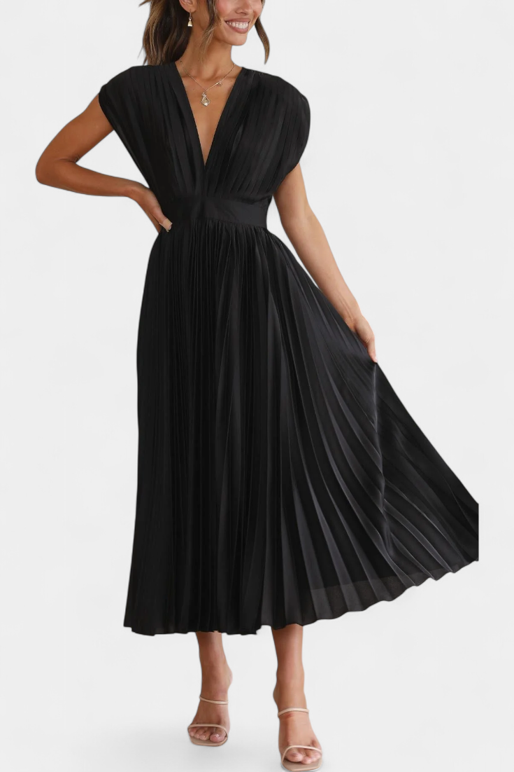 Mireia Pleated Dress with Draped Neckline and High Waist