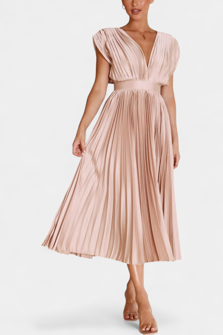 Mireia Pleated Dress with Draped Neckline and High Waist
