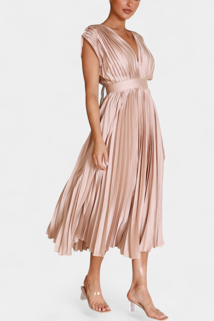 Mireia Pleated Dress with Draped Neckline and High Waist