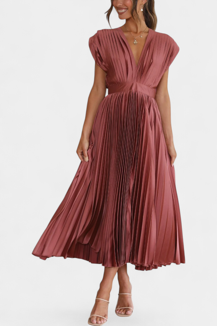 Mireia Pleated Dress with Draped Neckline and High Waist