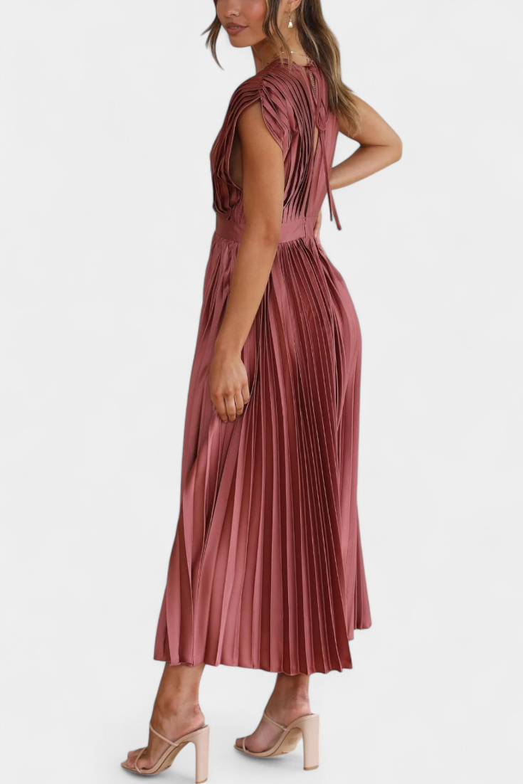 Mireia Pleated Dress with Draped Neckline and High Waist