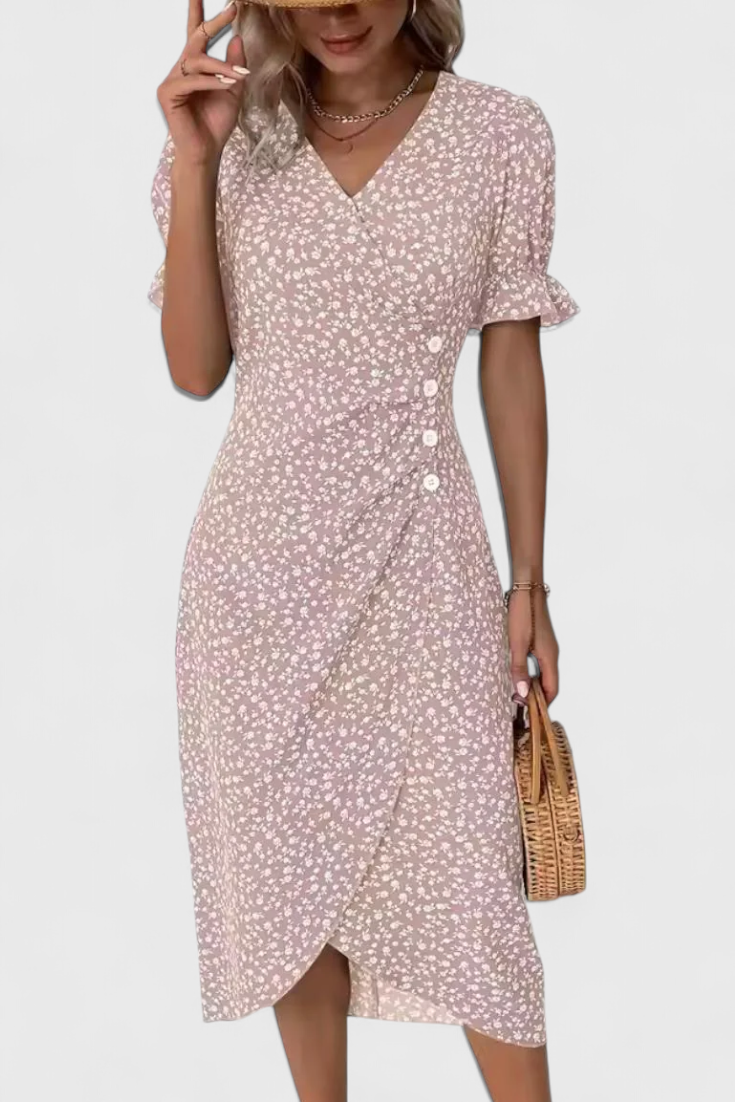 Joana Floral Midi Dress with V-Neckline and Short Sleeves