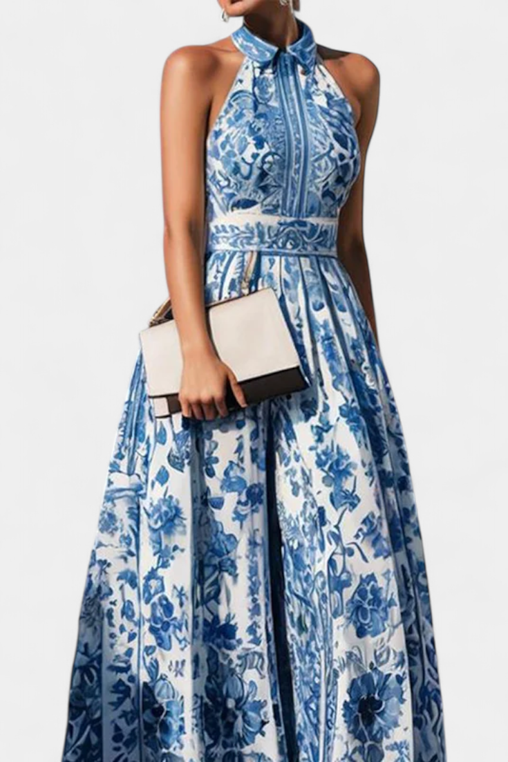 Shante Floral A-Line Dress with Turndown Collar