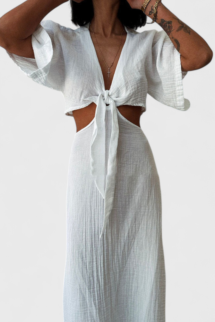 Myra Long Dress with Front Bow and Cut-Out Details
