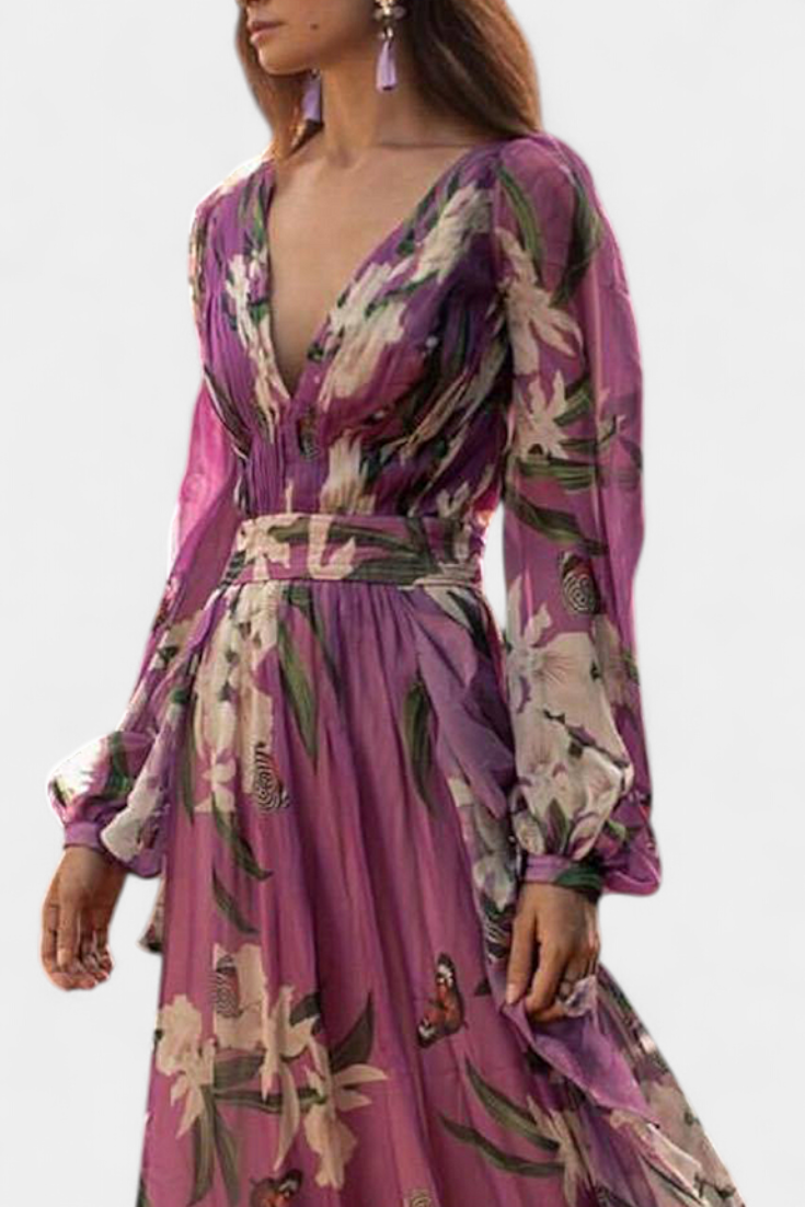 Roselle Floral Mesh Casual Dress with V-Neckline