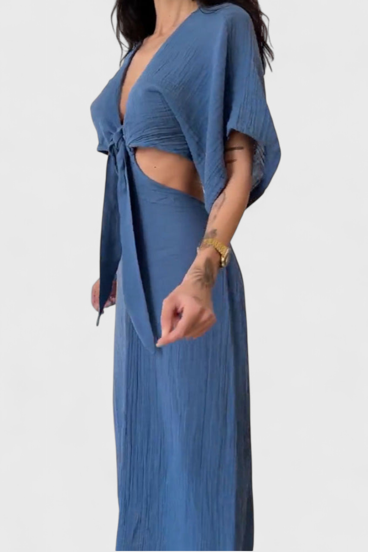 Myra Long Dress with Front Bow and Cut-Out Details