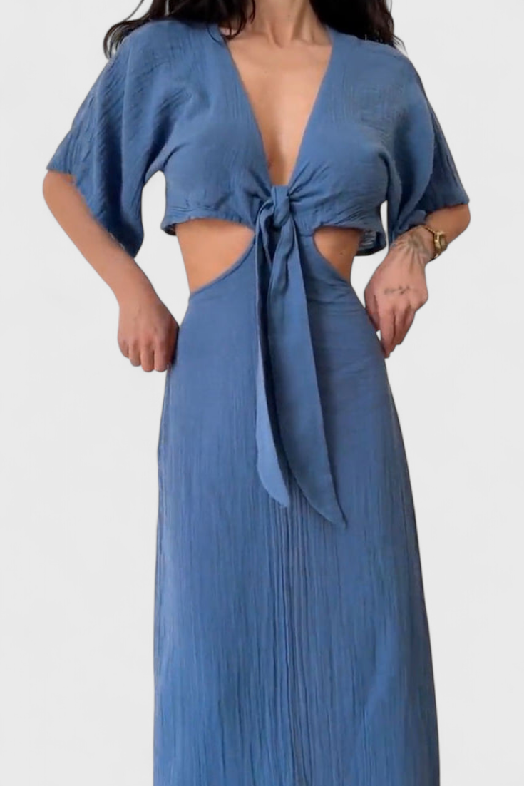 Myra Long Dress with Front Bow and Cut-Out Details