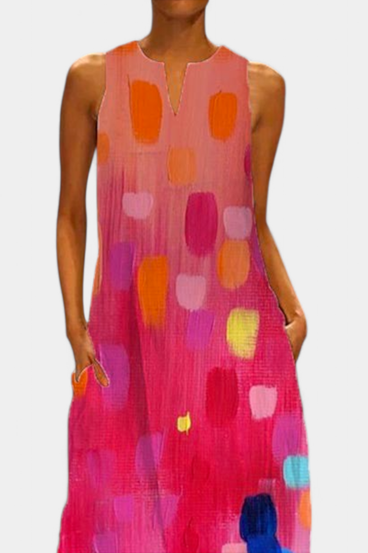Colorful Sleeveless Dress with V-Neckline