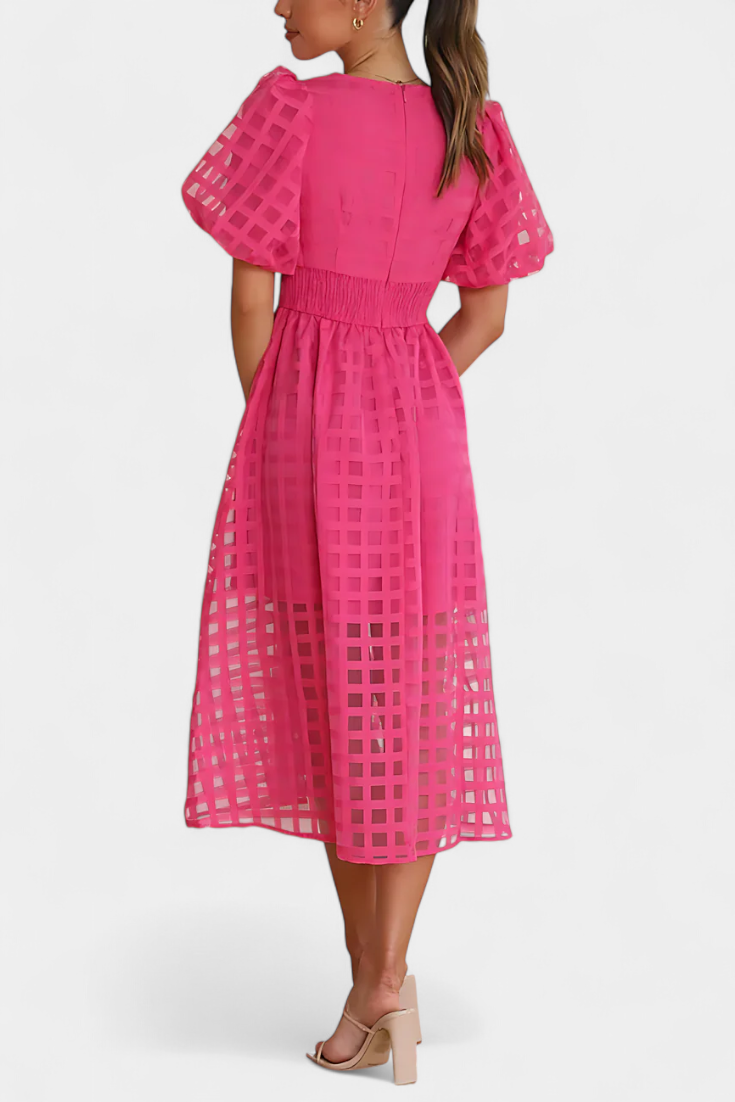 Marigold Midi Dress with Puff Sleeves and Square Design