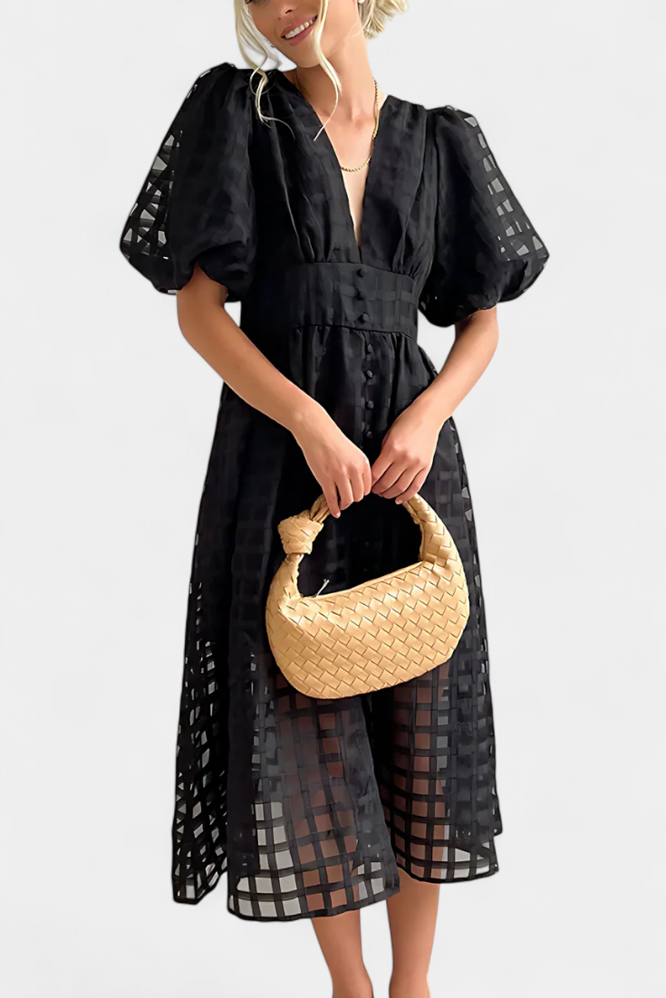 Marigold Midi Dress with Puff Sleeves and Square Design