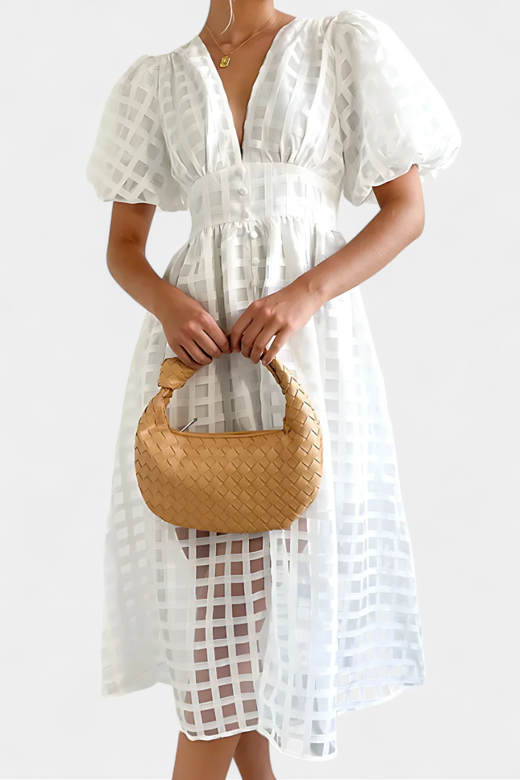 Marigold Midi Dress with Puff Sleeves and Square Design