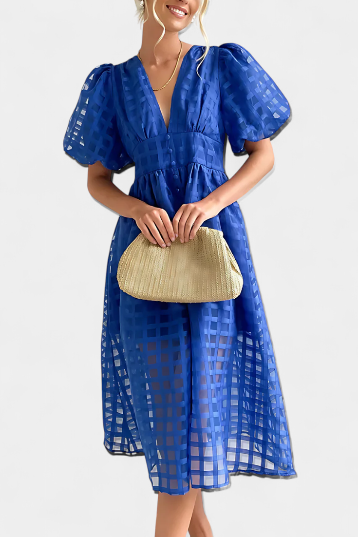 Marigold Midi Dress with Puff Sleeves and Square Design